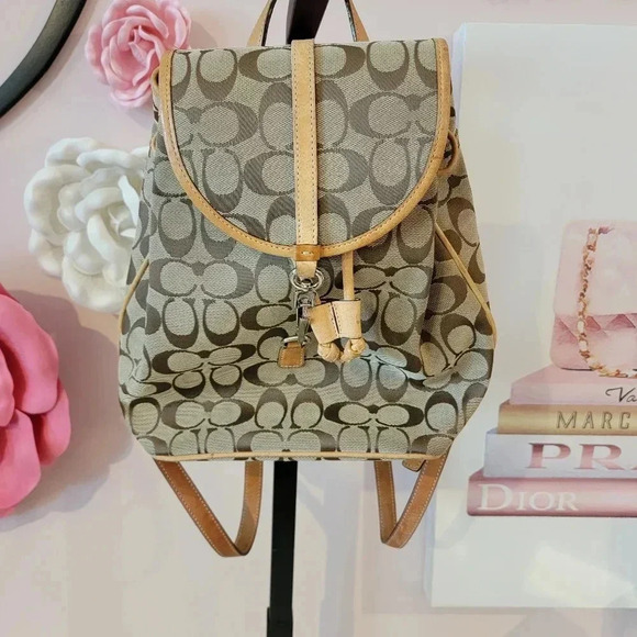 Vintage Coach Signature Jacquard Leather Trim Drawstring Flap Mini Backpack - Picture 1 of 4